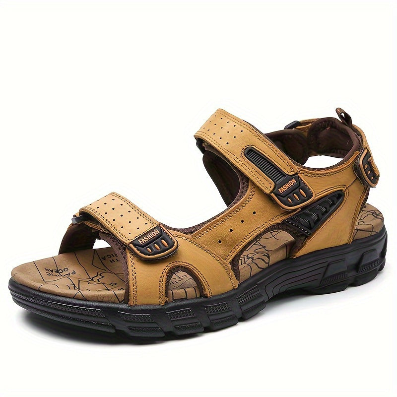 Men's Sandals for Men - Genuine Leather Summer Sandals with Closure, Thick Sole, Open Toe, High Quality, Lightweight & Breathable for Beach, Hiking, and Casual Wear - Casual Outdoor Shoes with Rubber Sole and Cow Leather Uppe