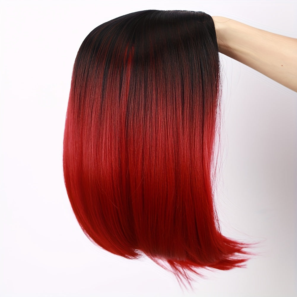14-Inch Straight Synthetic Bob Wig with Ombre Effect - Black to Red, Heat-Resistant Fiber, Daily Cosplay & Party Style, High-Density Rose Net, Perfect for Women, Party Hair Accessory | Stylish Hairpiece | Heatresistant Fiber,