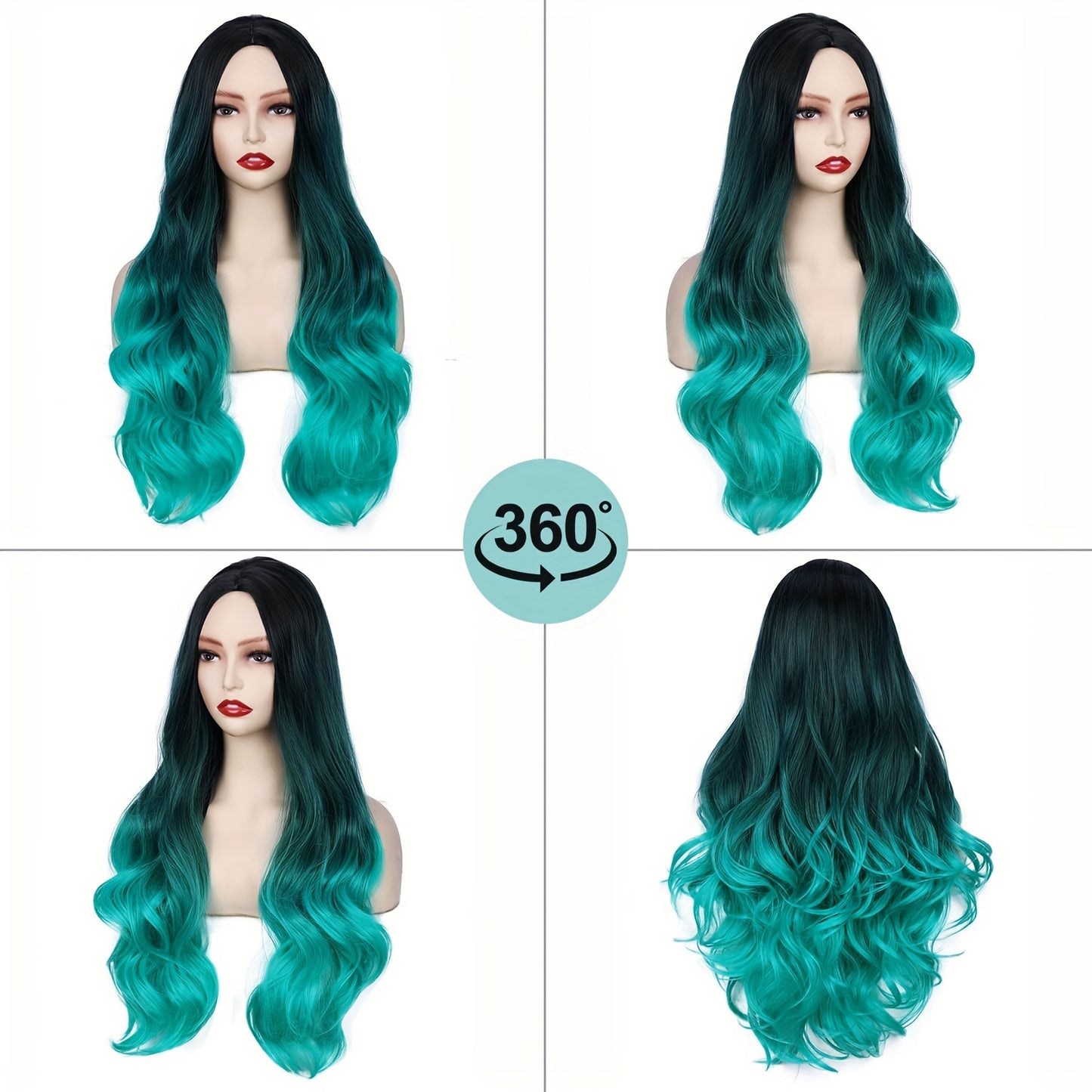 Long Wavy Wig Ombre Bluish Green Wigs Long Curly Ombre Color Hair Wigs Middle Part Synthetic Mermaid Green Wigs For Women Daily Party Cosplay