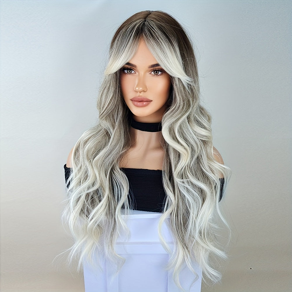 Long Ombre Brown Blonde Wavy Wigs With Curtain Bangs For Women Synthetic Curly Wig Heat Resistant Fiber Wigs For Daily Cosplay