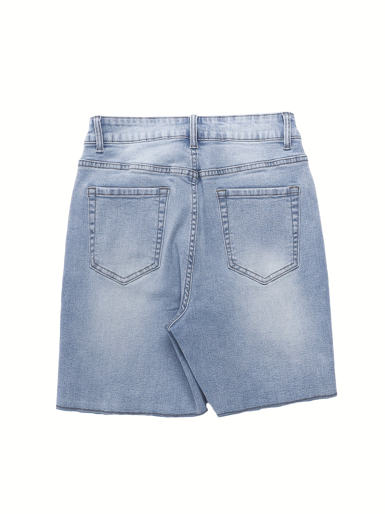 Raw Hem Distressed Denim Shorts - Slight Stretch Cotton Fabric, Solid Color, Pocket Details, Machine Washable - Streetwear Style for Spring/Summer