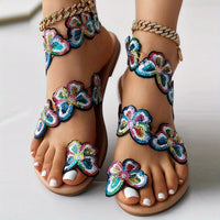 [Flowers Flat Women's Sandals] Women's Flowers Flat Sandals, Fashion Toe Loop Faux Pearl Slip On Shoes, Casual Beach Travel Sandals