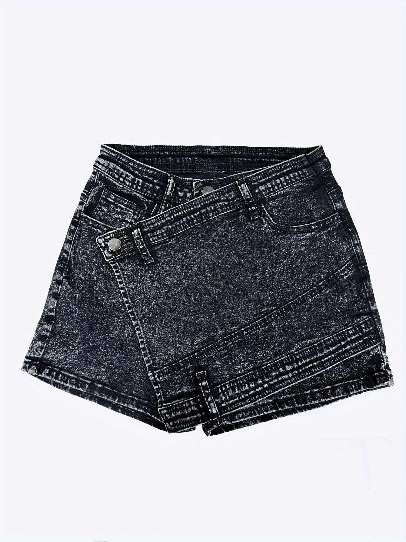 Plain Black Color Crossover High Stretch Stylish Denim Shorts, Women's Denim Jeans & Clothing