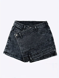 Plain Black Color Crossover High Stretch Stylish Denim Shorts, Women's Denim Jeans & Clothing
