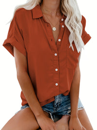 Women'S Short Sleeve V-Neck Button-Up Shirt with Pockets - Light Gray, Casual Summer Top, Perfect for Vacation or Casual Attire, Vacation Clothing | Buttonup Shirt | Glossy Texture