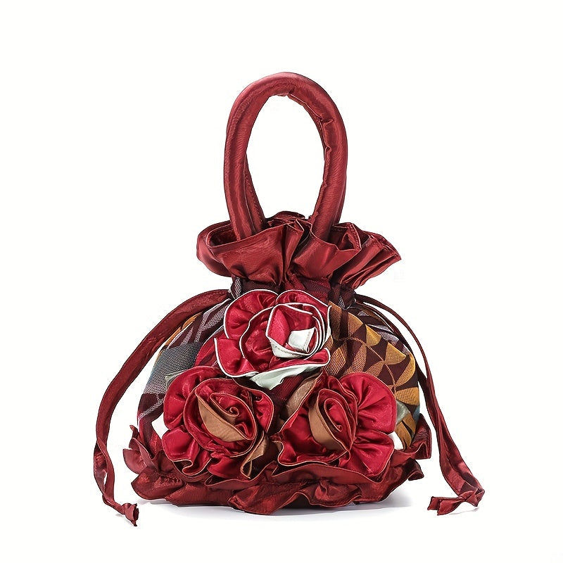 Floral Decor Drawstring Handbag, Trendy Small Evening Bag, Simple Phone Bag, Cute Bucket Bag