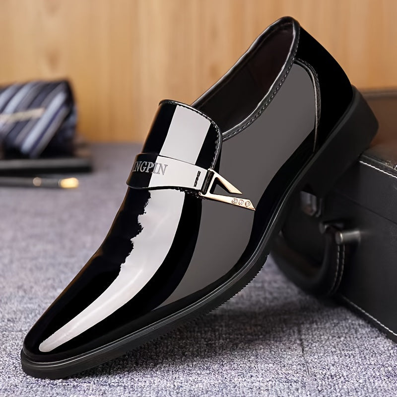 Men's Solid Color Faux Patent Leather Upper Slip On Loafer Shoes, Comfy Non Slip Casual Business Style Dress Shoes, Men's Footwear