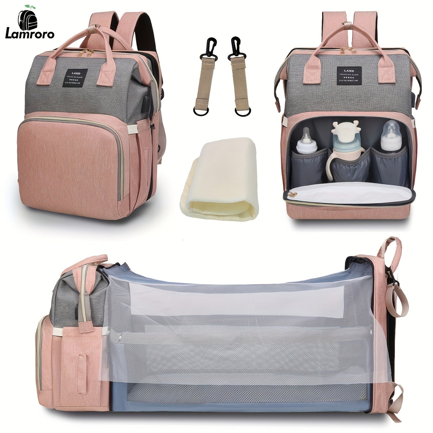 Lamroro Moire Diaper Bag Backpack, Soft Shell, Multifunctional, Large Capacity, Travel Backpack with Changing Station, Sunshade, Breathable Mosquito Net, Zipper Closure, Mixed Color, Polyester Fiber, with Utility Pocket, for