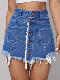 Women's High-Waisted Denim Shorts Skirted Shorts, Distressed Fringe Raw Hem Skorts, Elastic Waist, Loose Fit, Slimming, Preppy Style, Casual Summer Fashion