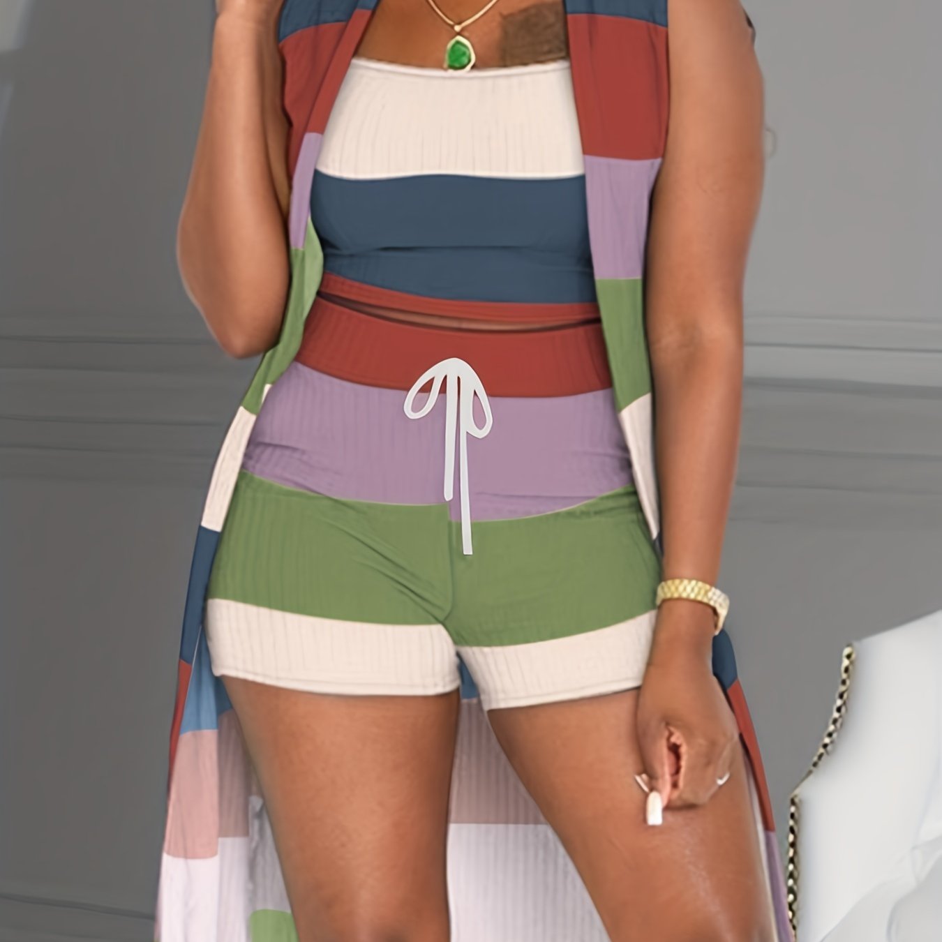 Casual Three-piece Set, Open Front Vest Coat & Slim Sleeveless Top & Drawstring Shorts Outfits, Women's Clothing