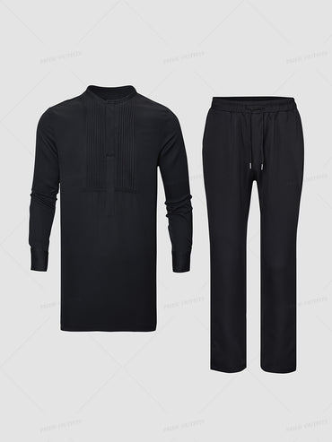 African Dashiki Men'S Suit, Long-Sleeved Top, Round Neck, Pleats, Concealed Buttons, Slit Hem, Elastic Pants, African Clothing, Men'S Casual Shirt And Trousers 2-Piece Suit, New Style For All Seasons, Street Style, Party, Wed