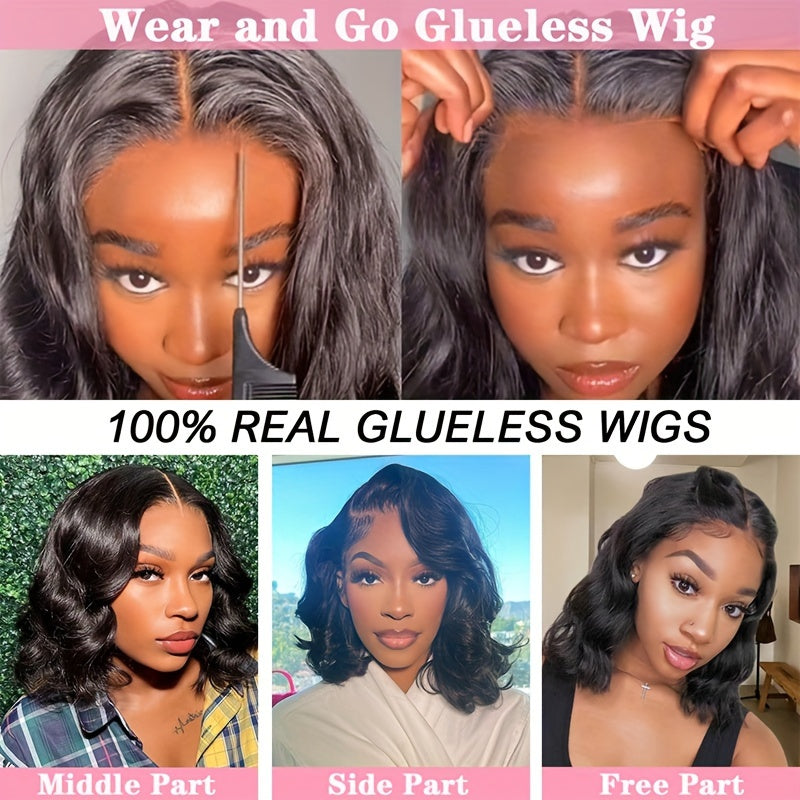 180% Density Glueless Bob Wig - Seamless Body Wave Human Hair with Pre-Plucked Lace Front & Pre-Cut 13x4 Closure - Effortless Wear for Beginners - Natural, Easy-On Style for Women