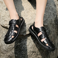 Men's Retro Brown Faux Leather Sandals - Adjustable Hook and Loop Fastener, Non-Slip Rubber Sole, Comfortable Open-Toe Slides for Outdoor Hiking, Trekking, Beach Wear | Spring/Summer/Autumn