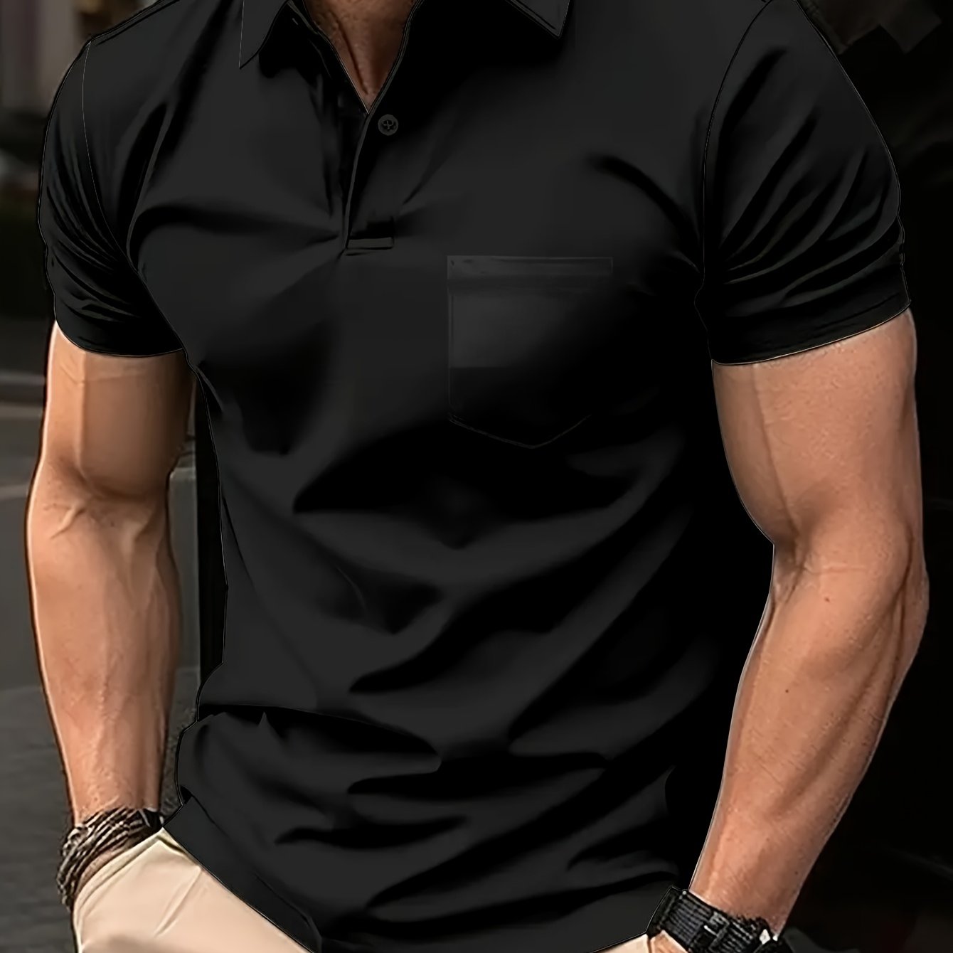 Classic Fit, Men's Casual Shirt with Chest Pocket - Breathable, Stretch Fabric for Golf & Tennis - Solid Color, Short Sleeve, Button Detail