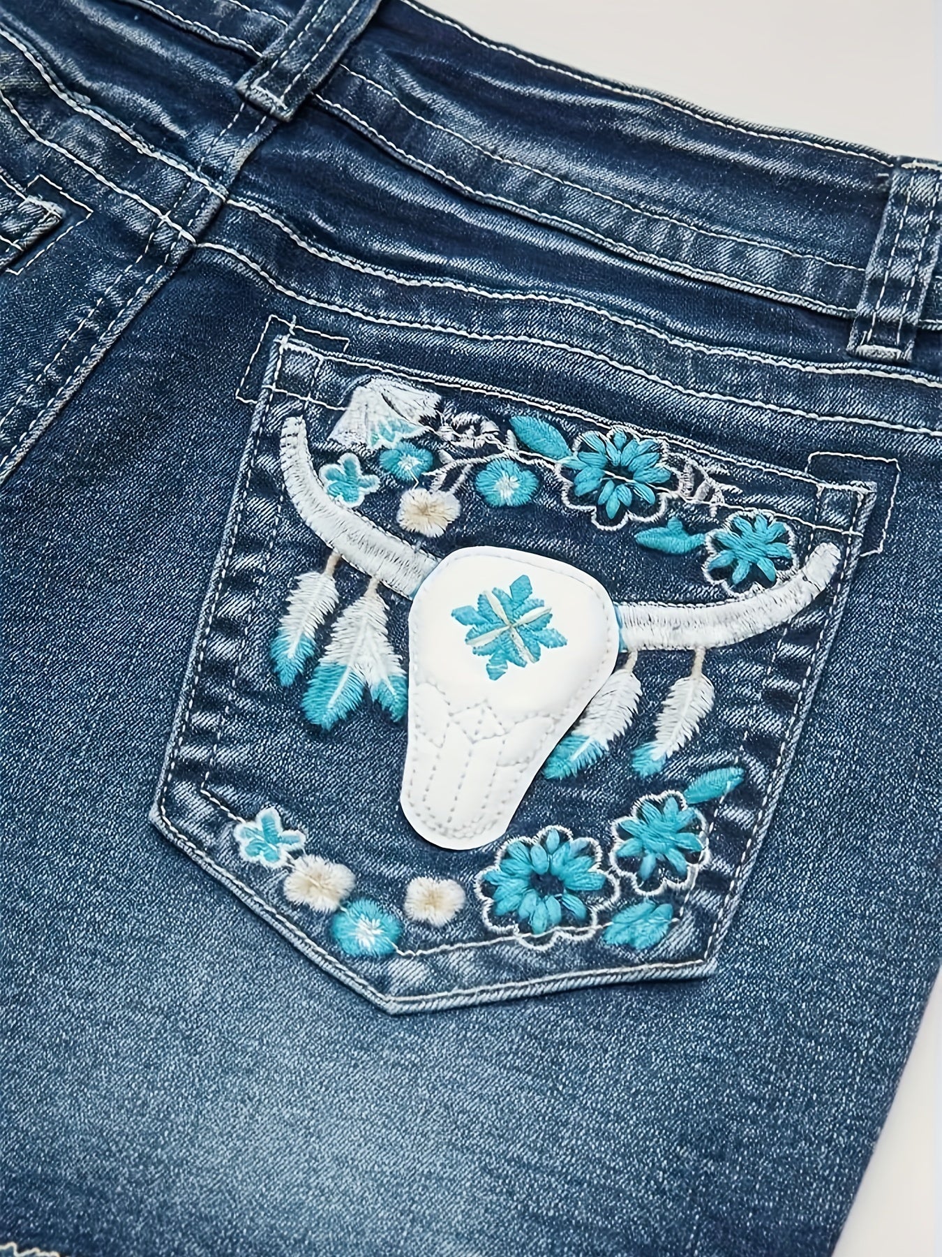 Mid Waist Skinny Fit Embroidered Denim Shorts - Casual Summer Fashion with Frayed Hem, Pocket Detailing, and Slight Stretch Fabric - Perfect for Spring and Summer Seasons
