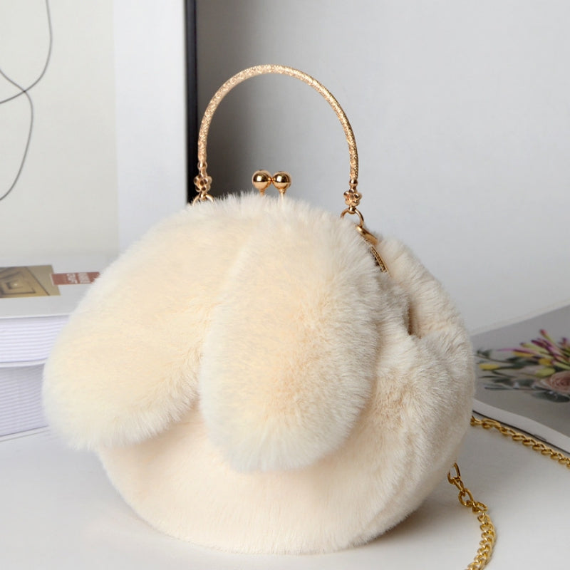 Kawaii Fluffy Bunny Kiss Lock Handbag – Stylish Year of the Rabbit Chain Shoulder Bag with Polyester Lining