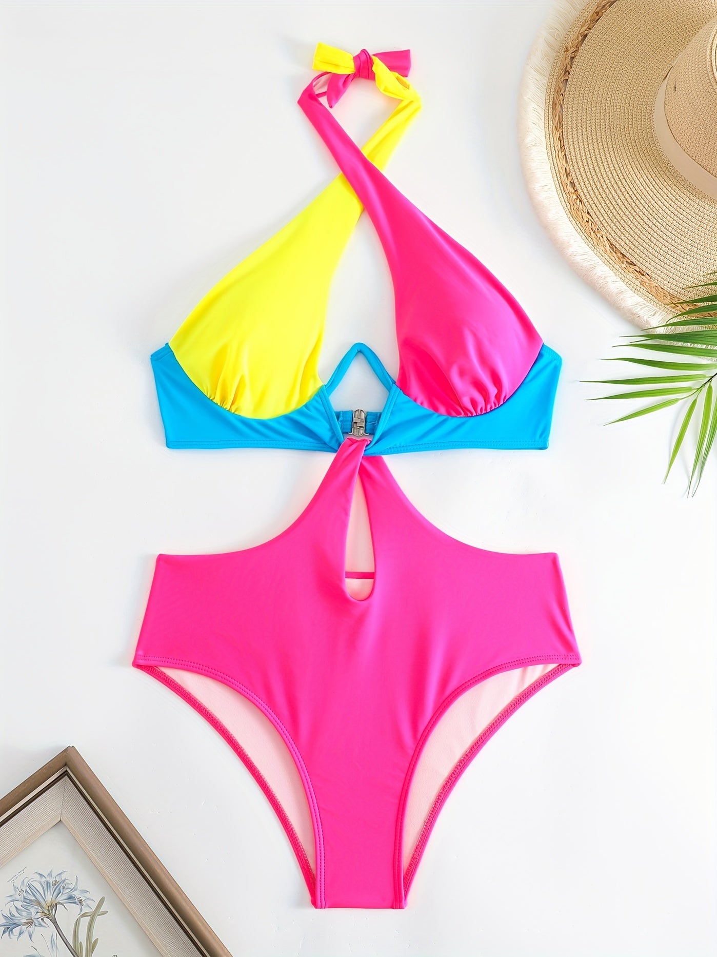 Colorblock Halter Neck One Piece Swimsuit, Cut Out Backless High Cut Bathing Suit, Women's Swimwear & Clothing