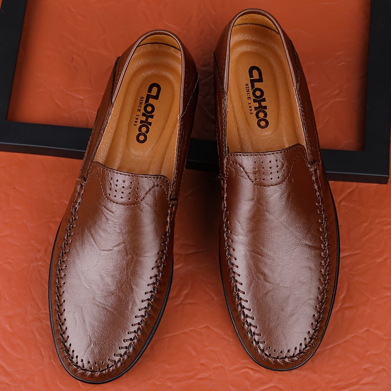 [CLOHOO, Leather Business Shoes] CLOHOO Men's Slip-On Business Casual Shoes | Breathable Second-Layer Leather Upper, Comfortable PU Lining & Rubber Sole, All-Season Versatile for Office, Travel & Vacation - Black, Refined App