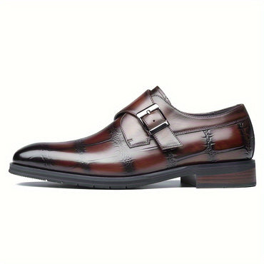 Men's Solid Color Top Grain Cow Leather Upper Monk Shoes, Comfy Non Slip Rubber Sole Durable Dress Shoes, Men's Footwear
