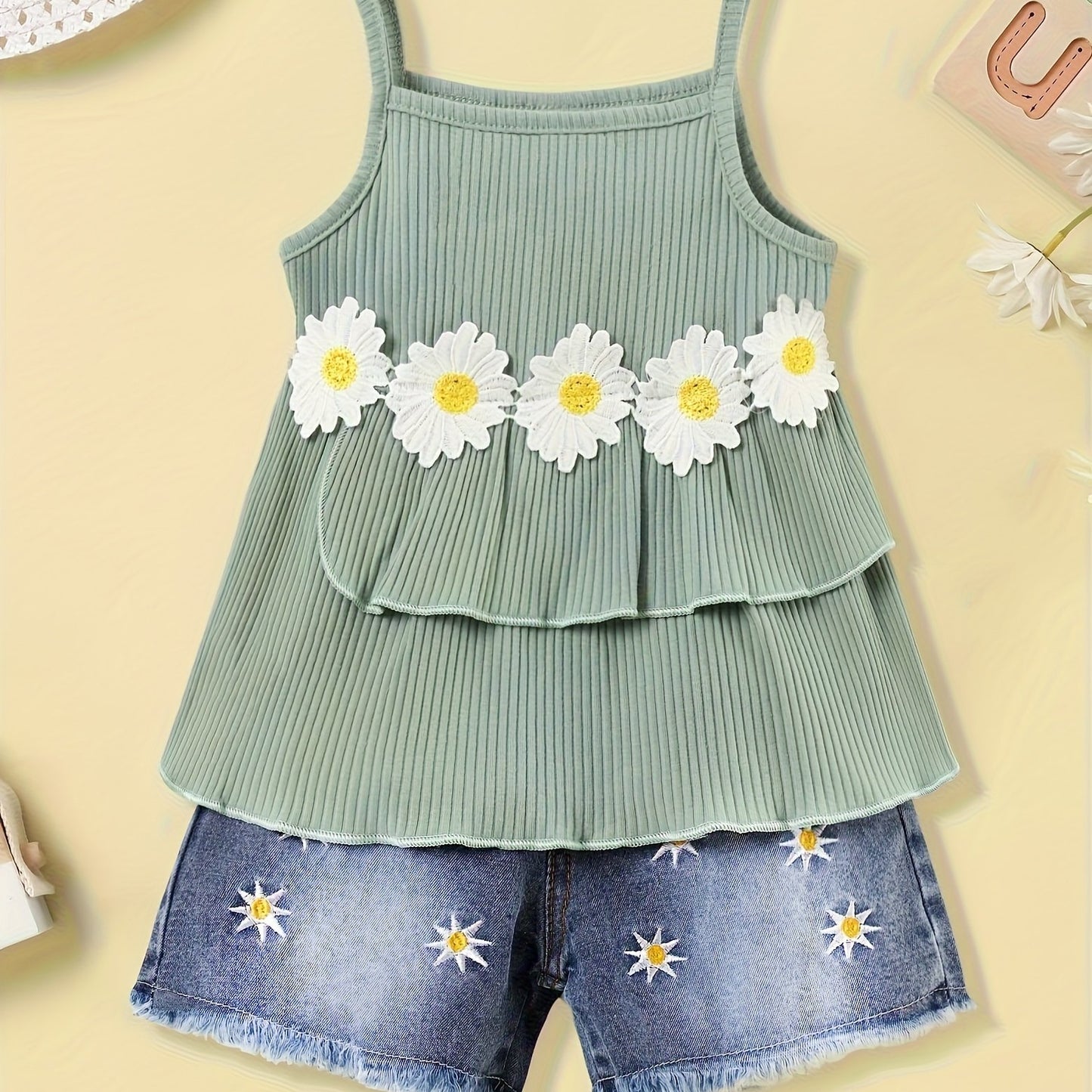 2pcs Toddler Girl's Ruffle Decor Flower Cami Top & Elastic Waist Denim Shorts Set Kid's Summer Clothes
