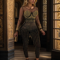 [Elegant Jumpsuit] Elegant Rhinestone-Embellished Women's Long Sleeve Mesh Jumpsuit | High Elasticity Form-Fitting Semi-Sheer Evening Gown for Galas, Weddings & Year-Round Wear, Party Dresses, Galaxy Event Attire, Sleek Silho