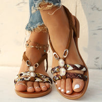 Chic Womens Ethnic Style Braided Sandals - Fashionable Slip-On Design for Outdoor Comfort - Handcrafted Flat Sandals with Cushioned Ease