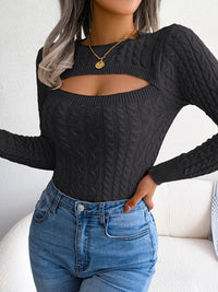 Long Sleeve High Stretch Acrylic Blend Women's Sexy Hollow-Out Knit Pullover Sweater, Skinny Fit, Solid Color, Spring/Fall Fashion Top, Crew Neck, Polyester 28%, Polyamide 22%, Viscose 28%