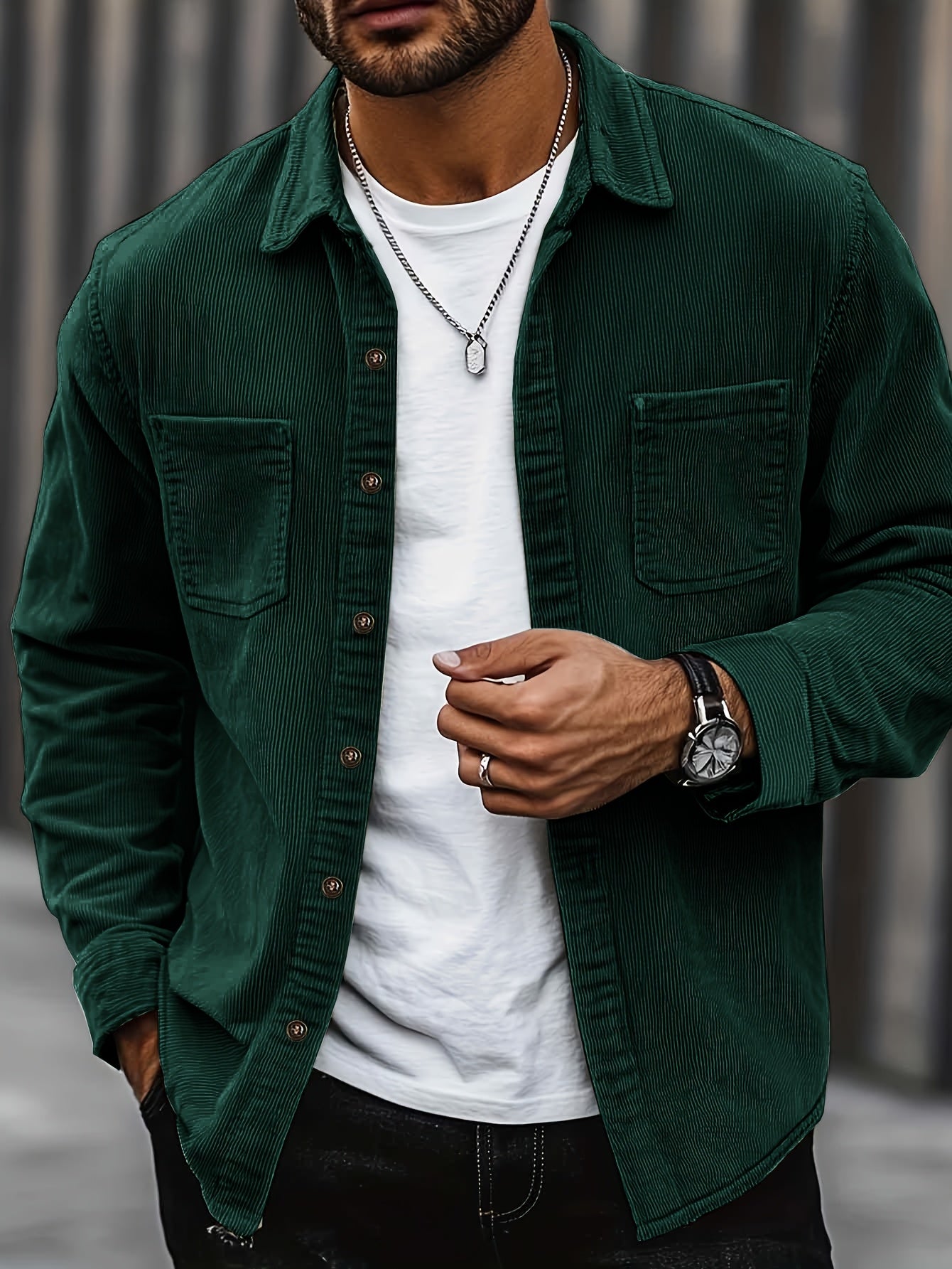 [Corduroy Casual Shirt] Light Blue Corduroy Men's Casual Shirt Jacket | Classic Collar, Button-Up Long Sleeve with Double Chest Pockets, Perfect for Spring & Fall, Everyday Fashion, Street Style, and Office Wear