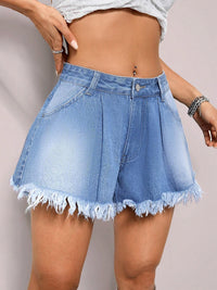 Women's Summer Casual Denim Shorts, Frayed Hem, Light Blue, Zip Buttton Closure, High-Waisted, Fashion Streetwear