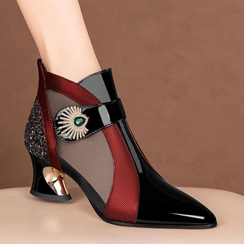 Women's Rhinestone Mesh Ankle Boots with Pointed Toe, Fashionable Short Boots