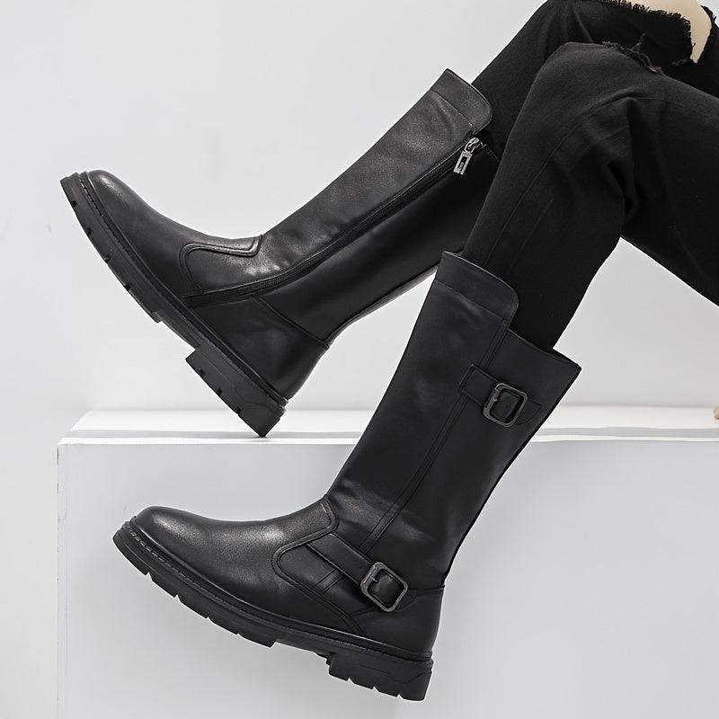 Men's Solid Color High Top Knee High Top Microfiber Upper Boots, Comfy Non Slip Durable Rubber Sole Shoes, Men's Footwear
