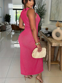 Womens Sexy Summer Dresses Sleeveless Round Neck Thigh-high Slit Ruched Bodycon Maxi Club Cocktail Party Dress