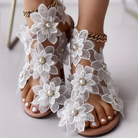 [Flowers Flat Women's Sandals] Women's Flowers Flat Sandals, Fashion Toe Loop Faux Pearl Slip On Shoes, Casual Beach Travel Sandals