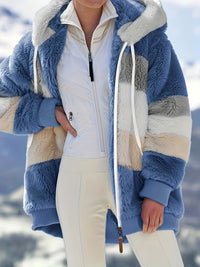 Womens Ultra-Soft Teddy Fleece Color Block Hooded Coat - Stylish Zip Up Winter Warm Outerwear with Full Hood and Long Sleeves - Trendy Casual Clothing for Chilly Days