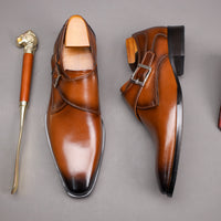 Men's Second Layer Cowhide Upper Solid Color Monk Shoes, Comfy Non Slip Rubber Sole Durable Dress Shoes, Men's Footwear