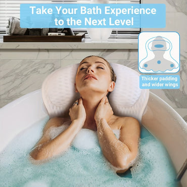 Non-Slip Bath Pillow for Head, Neck, and Back Support - 4D Air Mesh Soft Tub Pillow with 6 Suction Cups - Perfect for Spa Cushion and Tub Use - White
