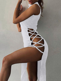 2022 New Sexy Tank Top Tie Long Dress with High Slit and Side Cutouts | High Neck Bodycon Style for Spring/Fall.