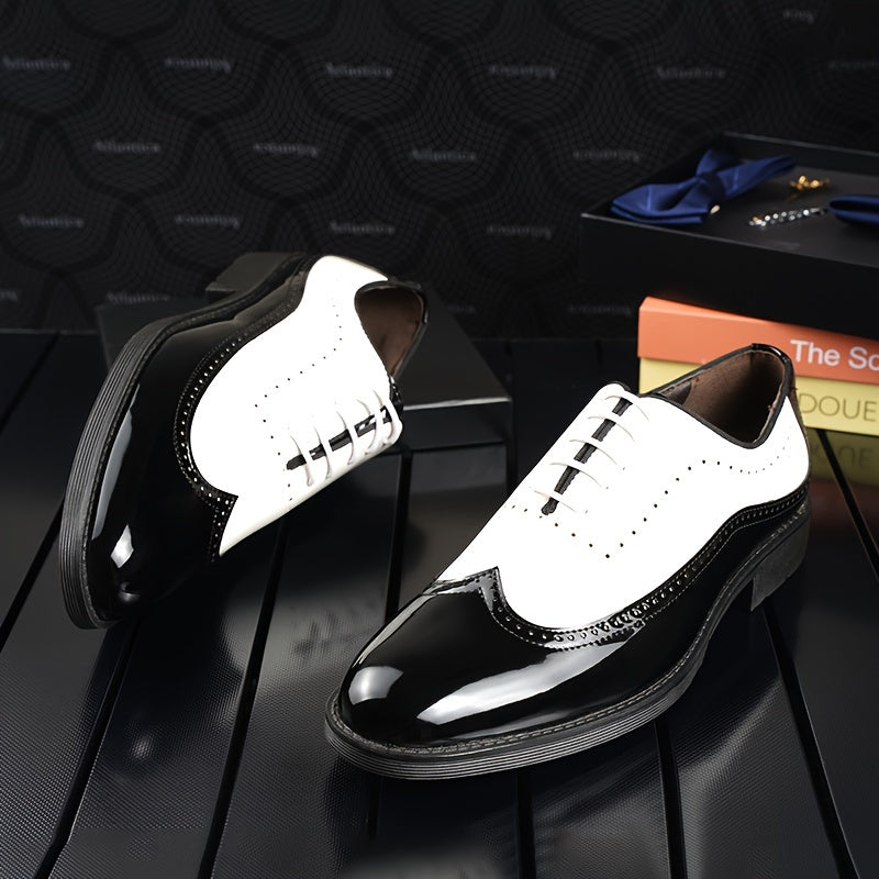 Men's Trendy Color Bock Wingtip Oxford Shoes, Comfy Non Slip Durable Lace Up Elegant Formal Shoes, Men's Footwear