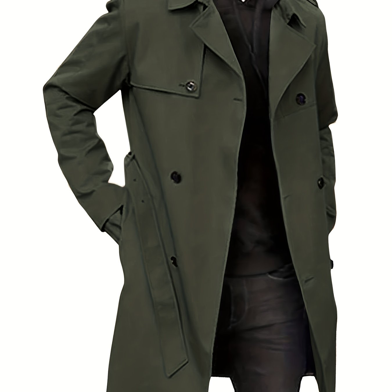 Plus Size Men's Trendy Windbreaker Double-breasted Belt Lapel Casual Slim Long Jacket Coat