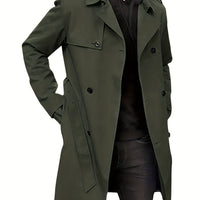 Plus Size Men's Trendy Windbreaker Double-breasted Belt Lapel Casual Slim Long Jacket Coat