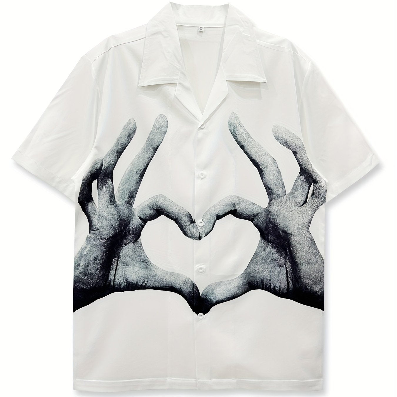 Valentine's Day Men's Casual Shirt with Cute Heart Gesture Print, Hawaiian Style Short Sleeve Button-Up, Polyester, Summer Beachwear - Available in XS to XXL