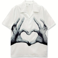Valentine's Day Men's Casual Shirt with Cute Heart Gesture Print, Hawaiian Style Short Sleeve Button-Up, Polyester, Summer Beachwear - Available in XS to XXL
