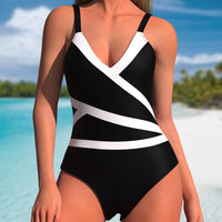 Chic Black & White Color Block V-Neck One-Piece Swimsuit - Stretchy, Slimming & Retro Style - Womens Bathing Suit for a Flattering Beach Look