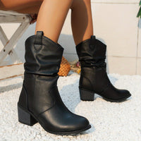 Mid Calf Women's Slouch Boots, Solid Color V-cut Slip On Cowgirl Low Heel Block Stacked Heels