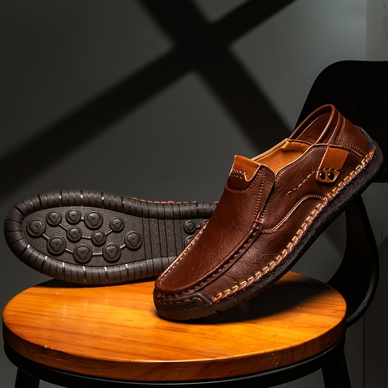 Plus Size Men's Solid Colour Split cowhide Slip On Loafer Shoes, Comfy Non Slip Casual Rubber Sole Dress Shoes, , Middle Aged Men's Footwear