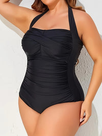 Plus Size Women's Retro One-Shoulder Ruched Tummy Control Swimsuit - High Elasticity Adjustable Side Ties, Solid Black Elegant Bathing Suit for Beach & Pool, Comfortable Swimwear | Smooth Texture Fabric, High Waisted Swimsuit