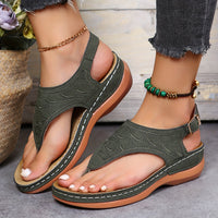 Womens Retro Charm Wedge Sandals - Comfort Thong, Adjustable Buckle, Open Toe Slingback - Casual Solid Color Style