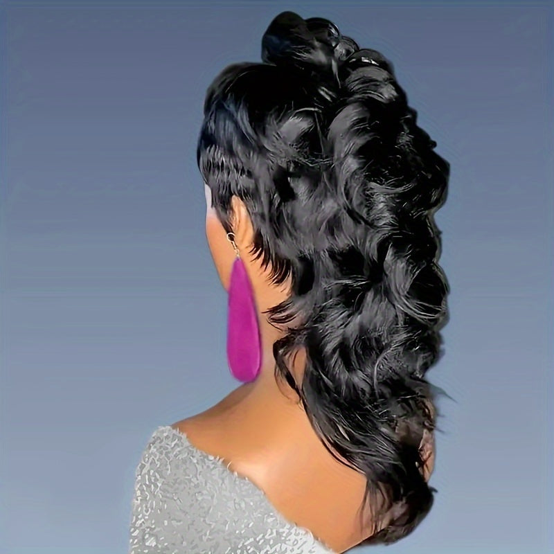 [Heat Resistant Mullet Wig] 180% Density Heat Resistant Synthetic Hair Wig - Chic Pixie Cut Mullet for Women - Long Wavy Style with Bangs, Beginner-Friendly, Voluminous Body Wave Texture