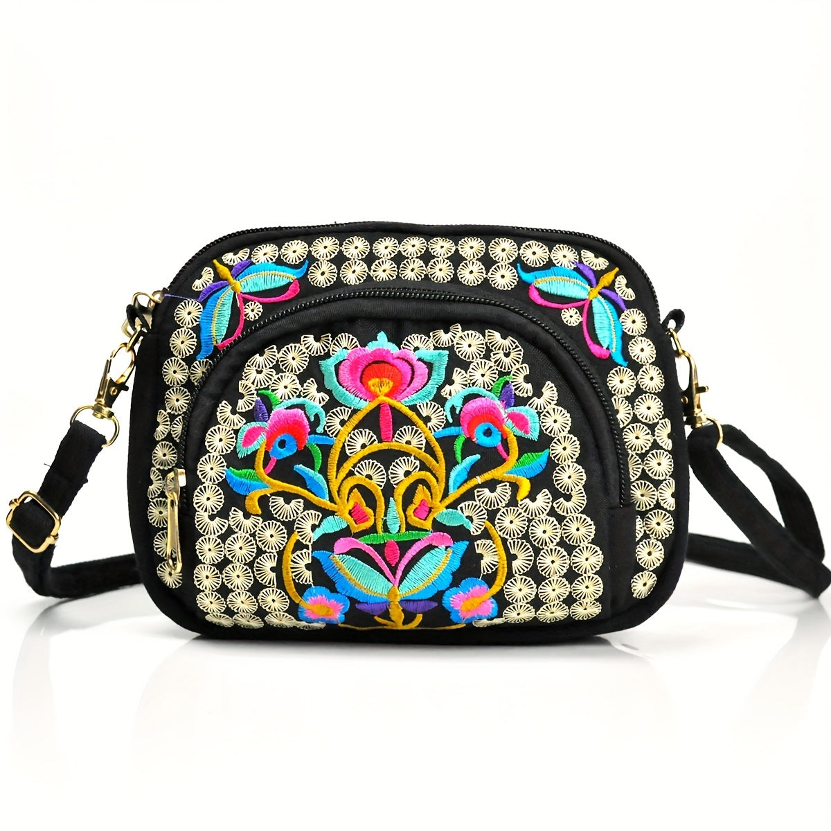 [Vibrant Crossbody Bag] Lightweight Double-Sided Vibrant Floral Embroidered Crossbody Bag for Women | Detachable Strap, Zipper Closure, Phone Pocket - Perfect for Casual Outings, Travel Accessory