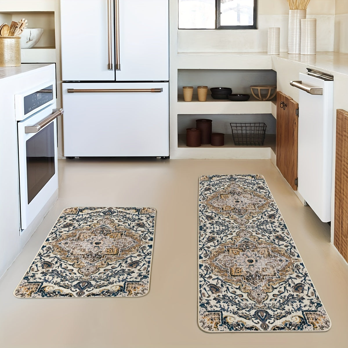 2pcs/set Sm:)e Flowers Bohemia Kitchen Mats, Daily Boho Home Decor Low-Profile Kitchen Rugs For Floor - 17x29 Inches And 17x47 Inches
